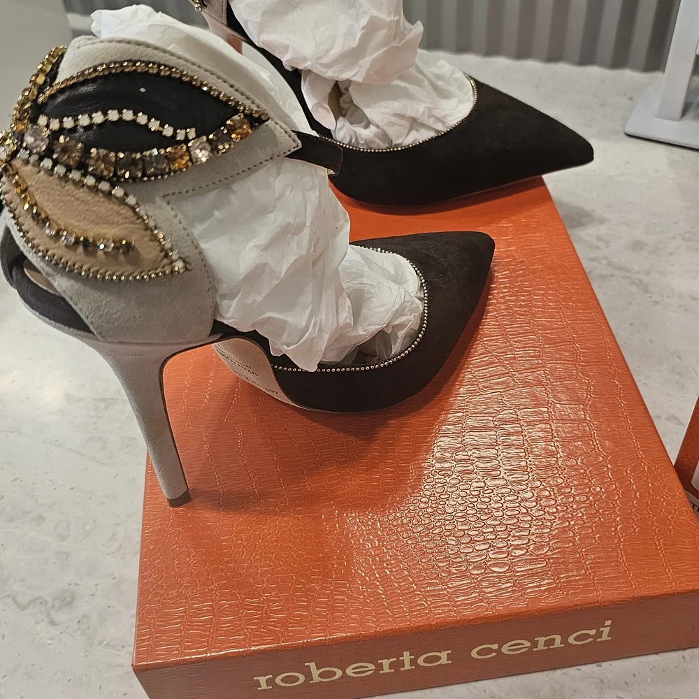 Roberto Cavalli Women’s Brown and Cream Embellished Suede Heels - Picture 4 of 16